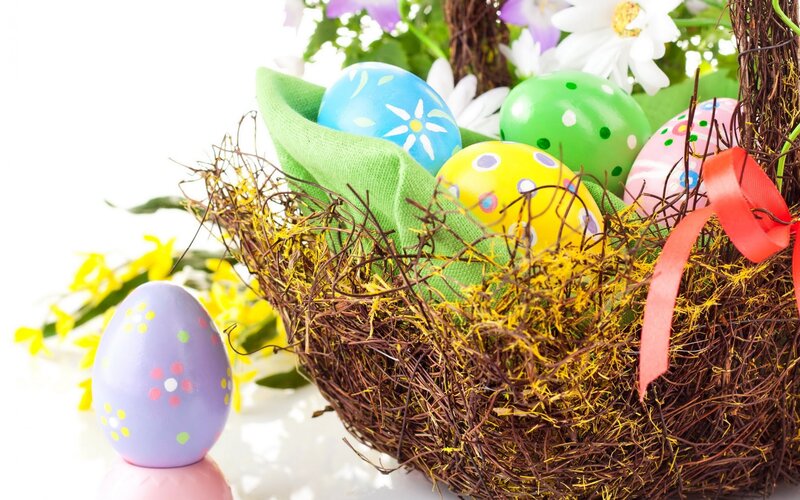 Easter Eggs in Basket — Green, Festive, Spring, Photograph, Flowers, Ribbon