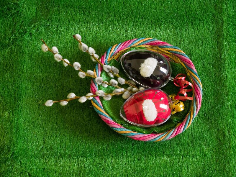 Easter Eggs in Basket — Green, Festive, Spring, Photograph, Willow Branches