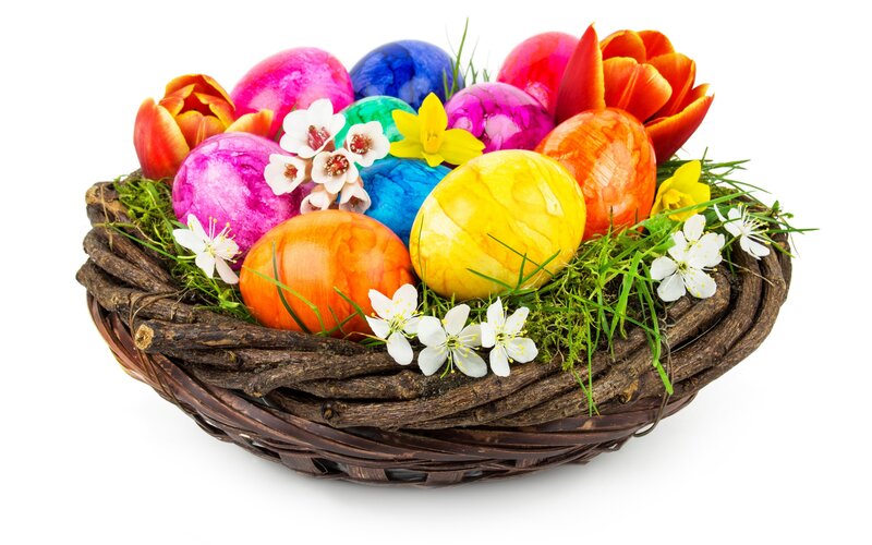 Easter Eggs in Basket — Yellow, Festive, Spring, Photograph, Flowers, Grass