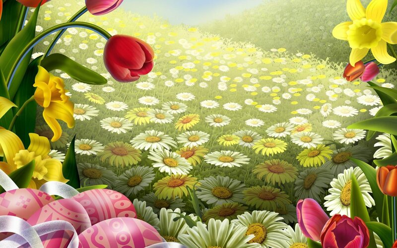 Easter Eggs in Flower Field