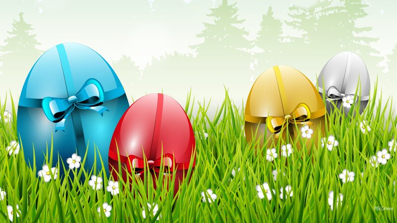 Easter Eggs in Grass — Green, Festive, Spring, Digital Art, Flowers