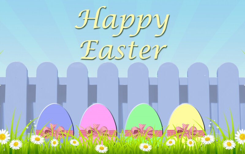 Easter Eggs in Grass — Green, Festive, Spring, Illustration, Fence