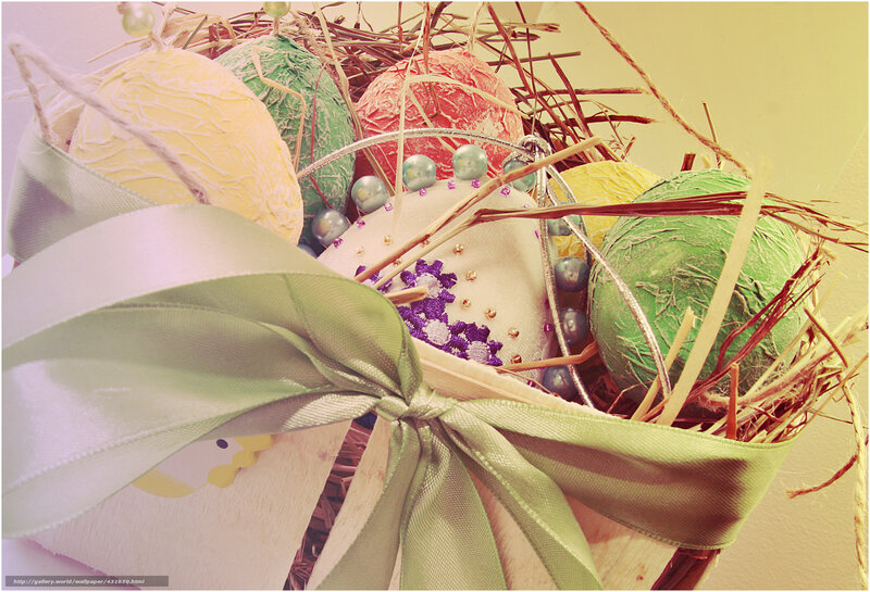 Easter Eggs in Nest — Green, Festive, Spring, Photograph, Ribbons