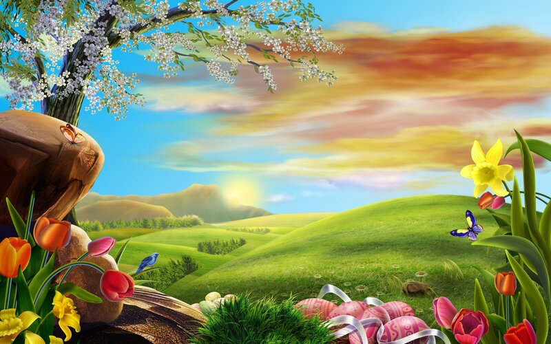 Easter Eggs in Spring Field — Green