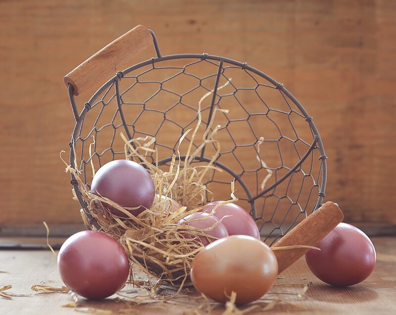 Easter eggs in wire basket