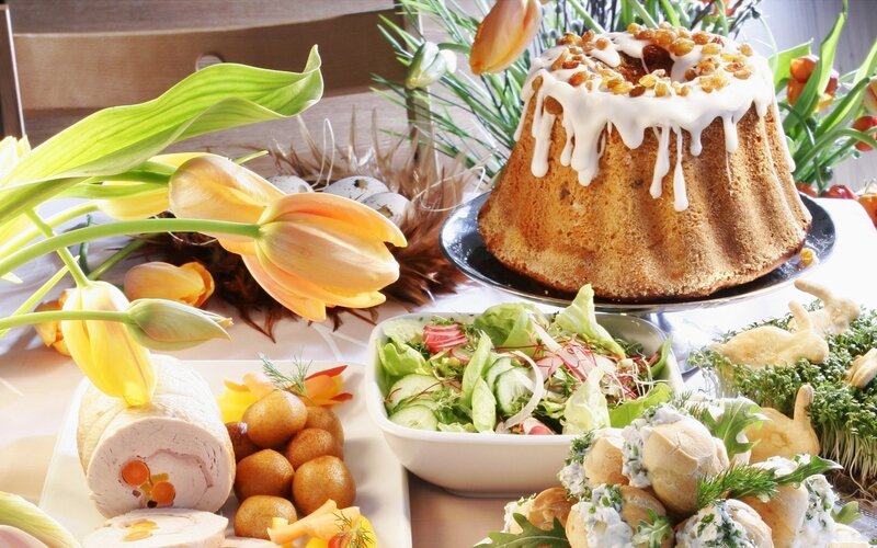 Easter feast with cake and salad