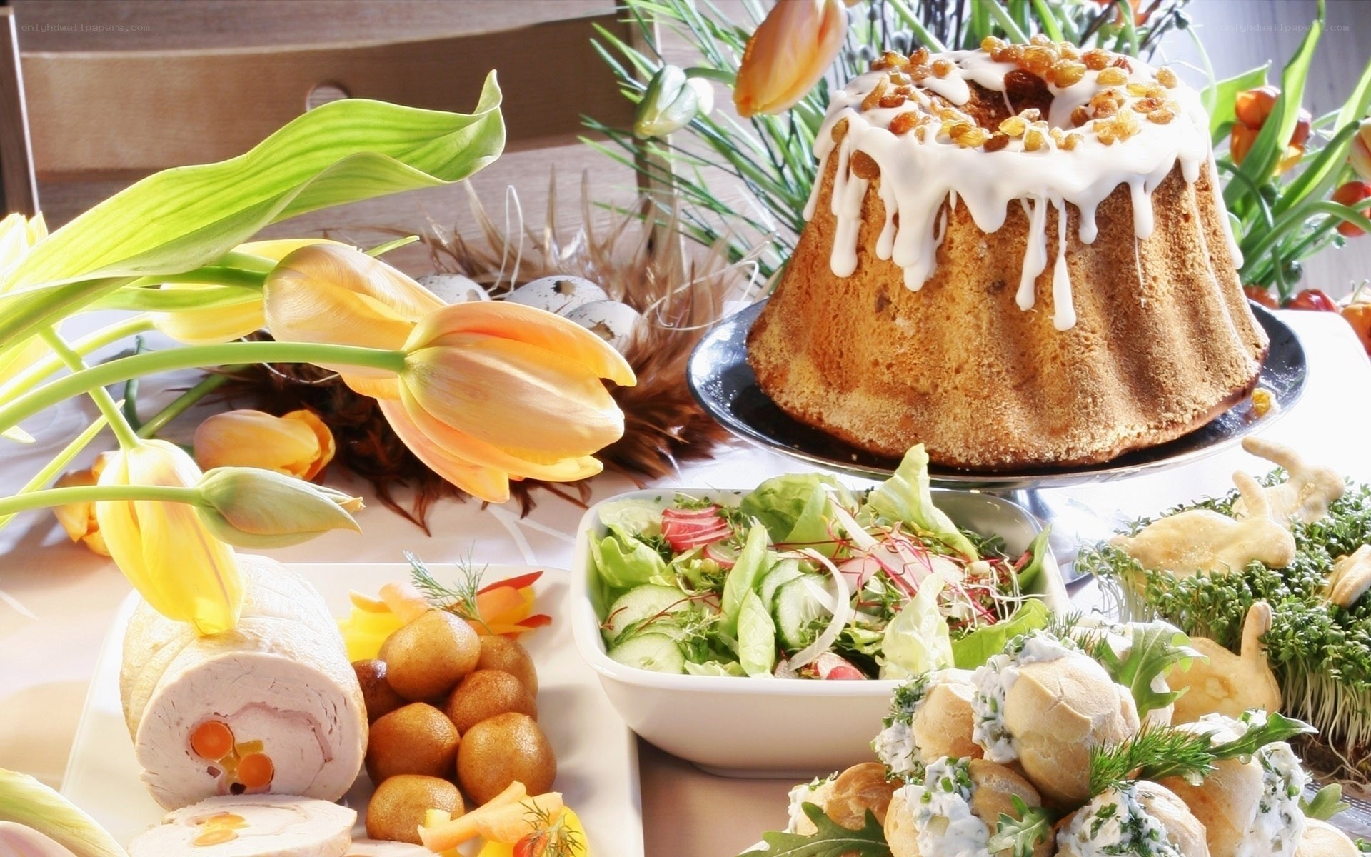 Easter feast with cake and salad
