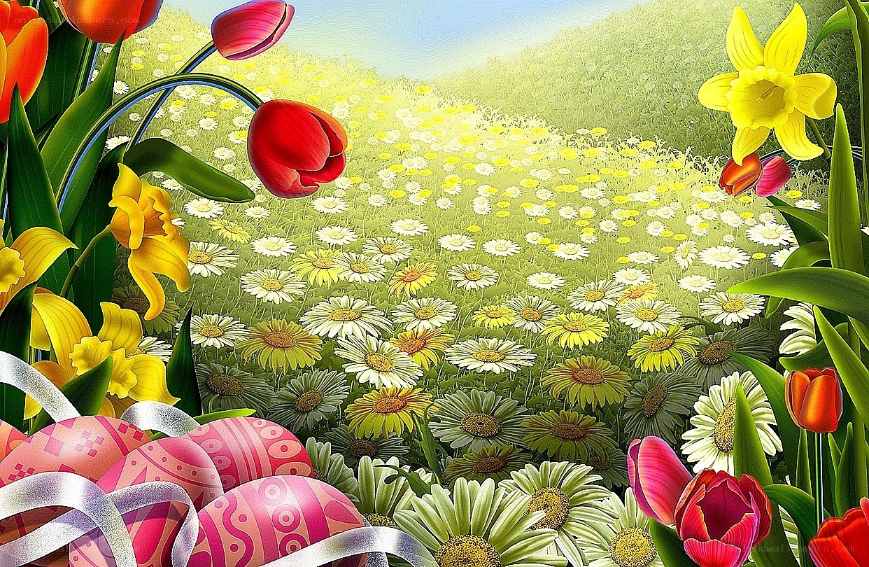 Easter garden with flowers