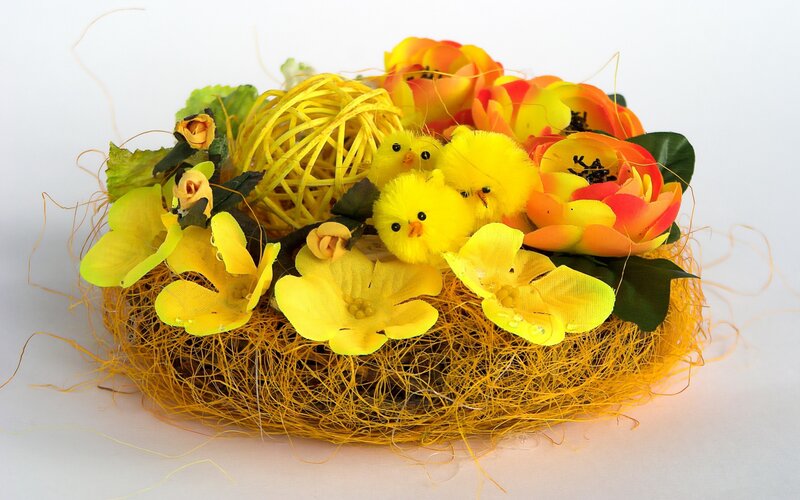 Easter nest with chicks and flowers