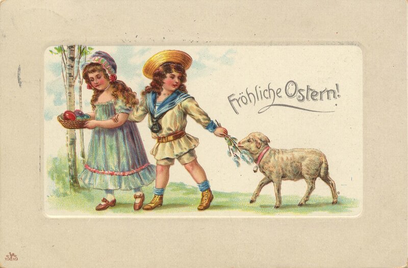 Easter postcard with children and lamb