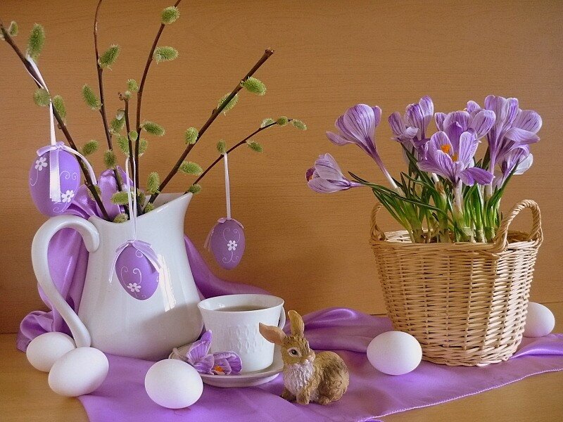 Easter still life with purple flowers
