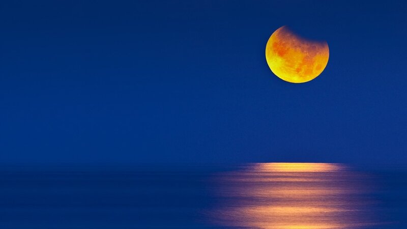 Eclipse Moon over Water — Blue, Serene, Night, Photograph