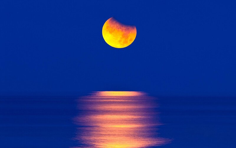 Eclipse Moon over Water — Blue, Serene, Night