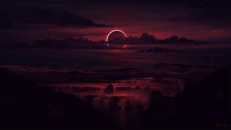 Eclipse over Alien Landscape — Purple, Dramatic, Night