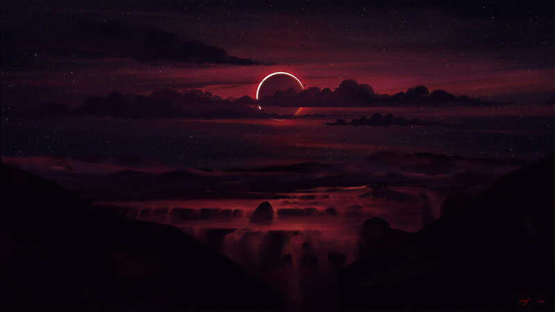 Eclipse over Alien Landscape — Purple, Dramatic