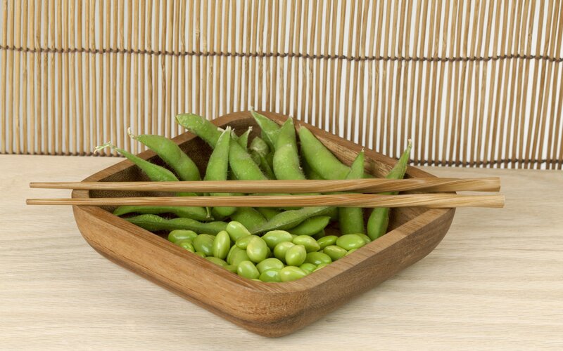 Edamame in wooden bowl