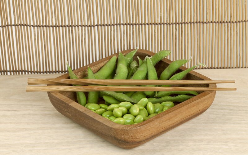 Edamame in wooden bowl