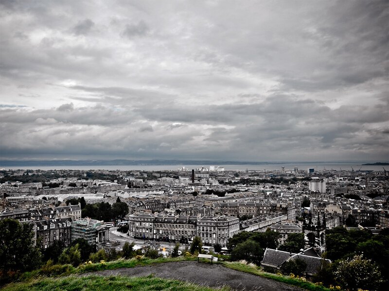 Edinburgh Cityscape — Gray, Overcast, Photograph, Clouds, Buildings