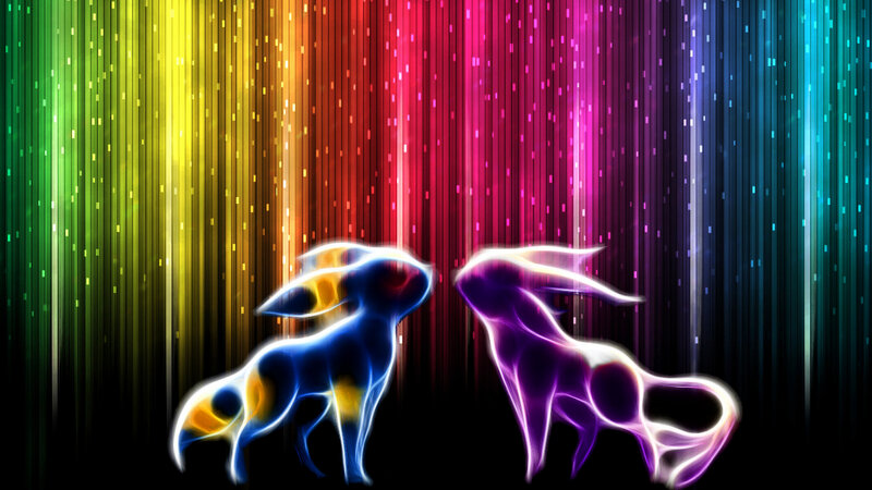 Eevee and Espeon in rainbow light