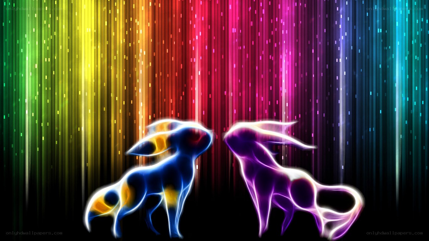 Eevee and Espeon in rainbow light