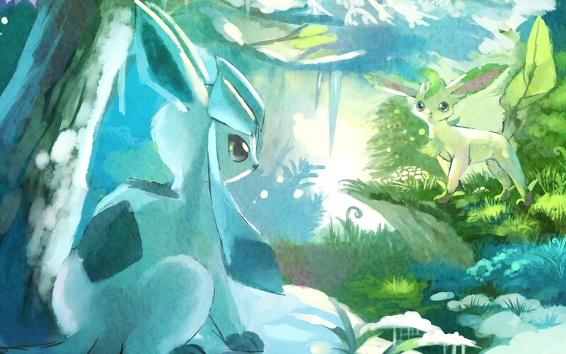 Eevee and Glaceon in Forest