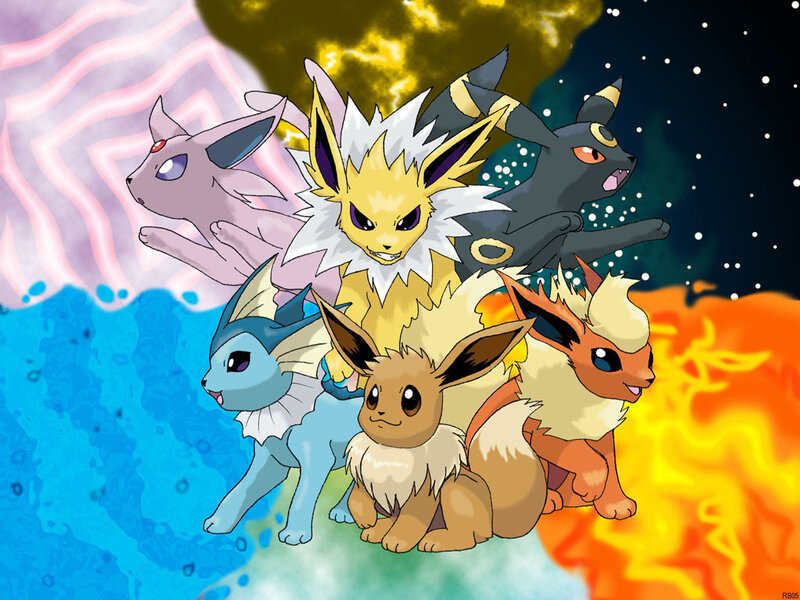 Eevee and Its Evolutions — Blue, Dramatic, Digital Art, Fire