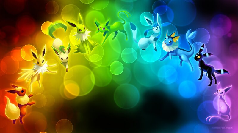 Eevee and Its Evolutions — Green, Vibrant, Digital Art