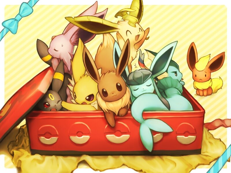 Eevee and Its Evolutions — Red, Playful, Digital Art