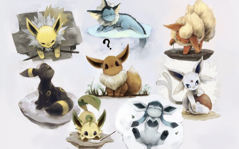 Eevee and Its Evolutions — White, Calm, Digital Art, Question Mark, Grass