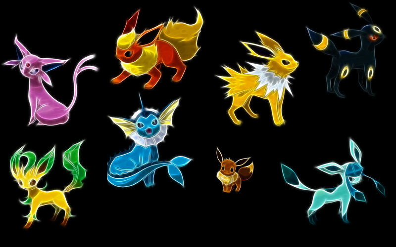 Eevee and Its Evolutions — Yellow, Dramatic, Digital Art
