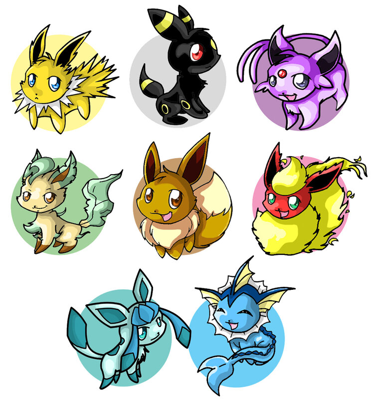 Eevee and Its Evolutions — Yellow, Playful, Digital Art, Circular Backgrounds