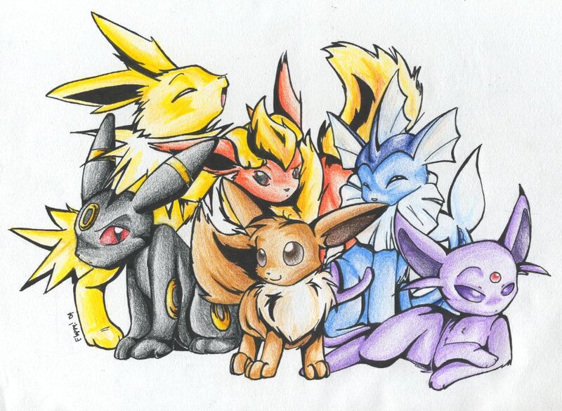 Eevee and Its Evolutions — Yellow, Playful, Digital Art, Drawing