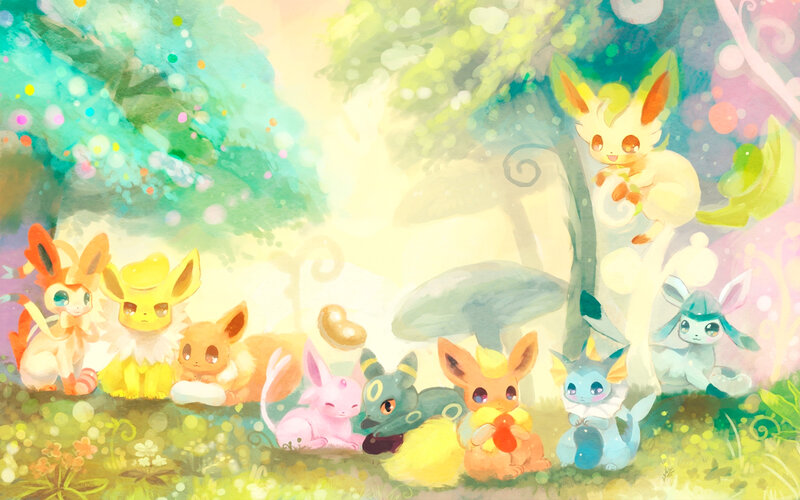 Eevee and Its Evolutions — Yellow, Serene, Morning, Digital Art