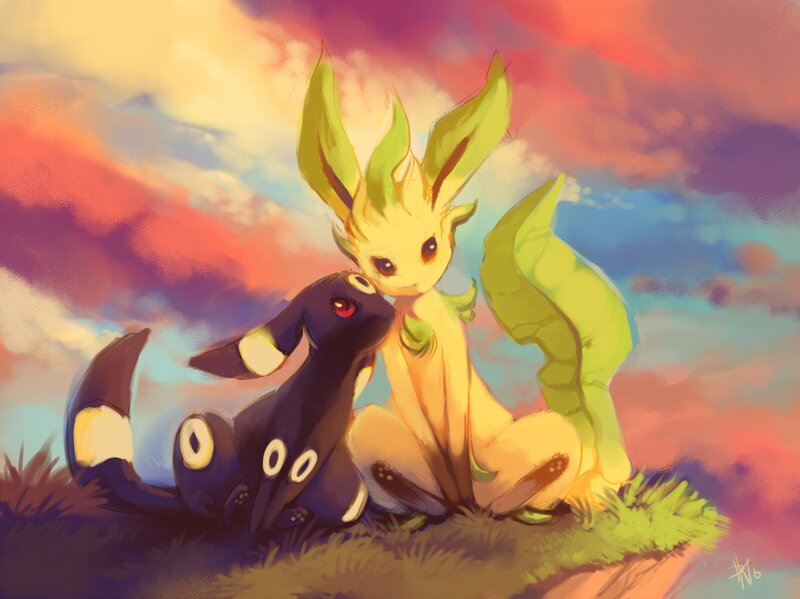 Eevee and Umbreon in sunset