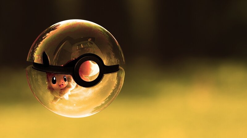 Eevee in a Poké Ball — Yellow, Dramatic, 3d Render