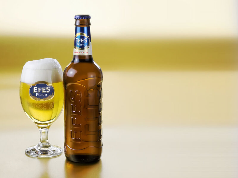 Efes Pilsen beer bottle and glass