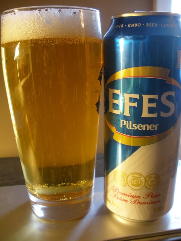 Efes Pilsener beer can and glass