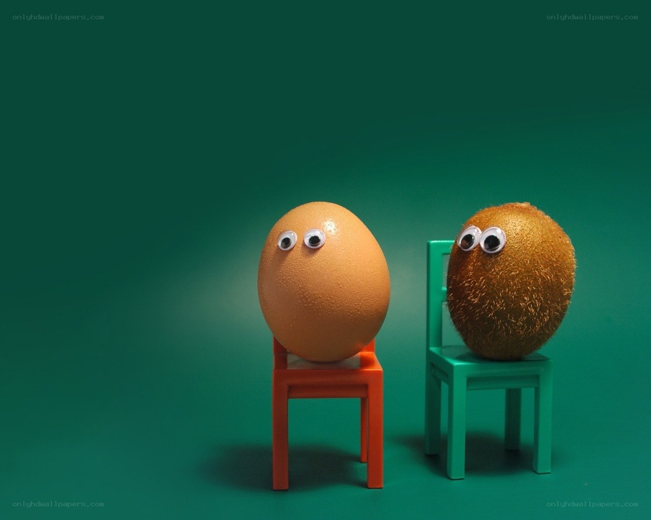 Egg and kiwi on chairs