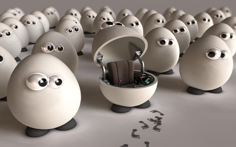 Egg-like creatures with one open cockpit