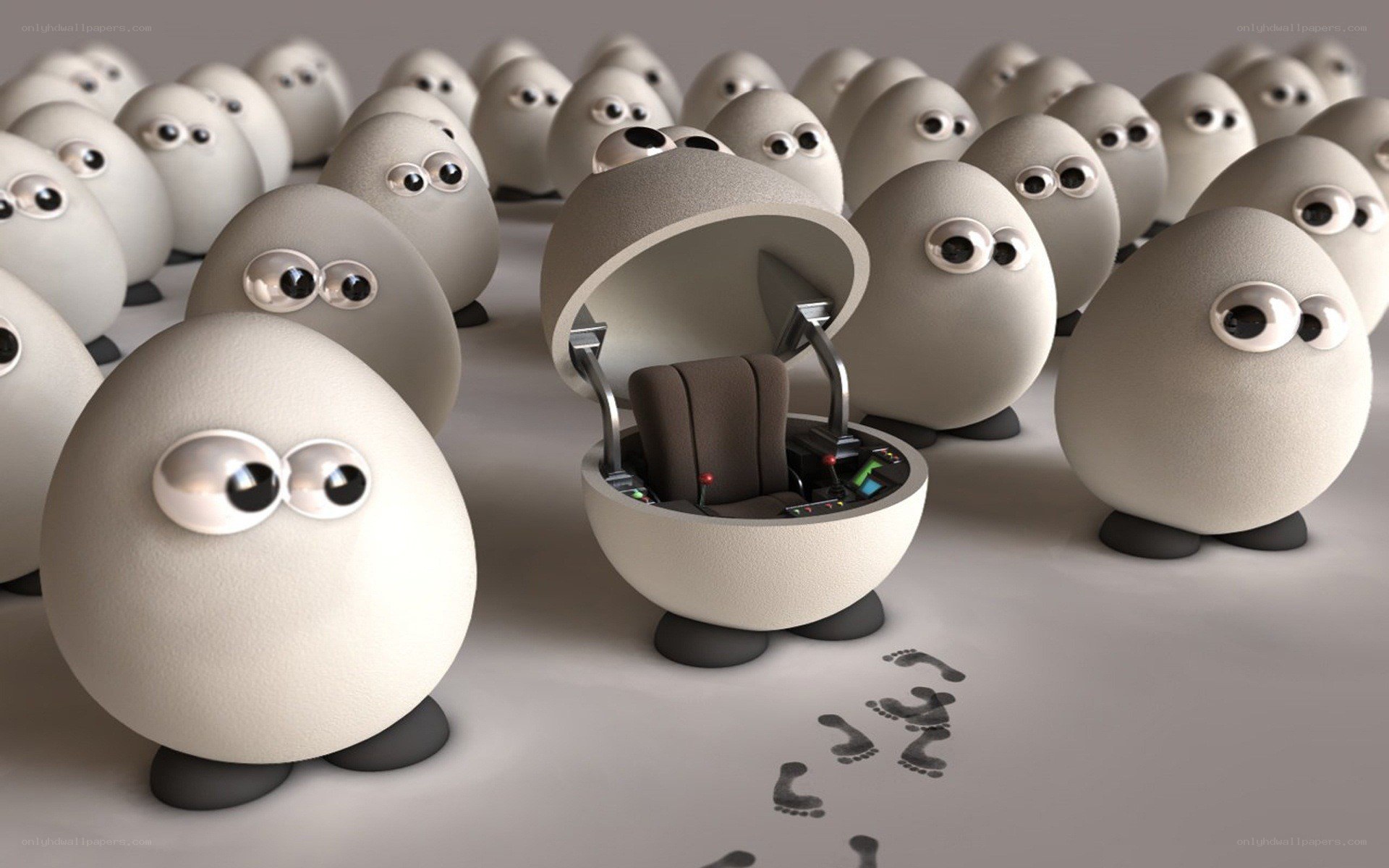 Egg-like creatures with one open cockpit