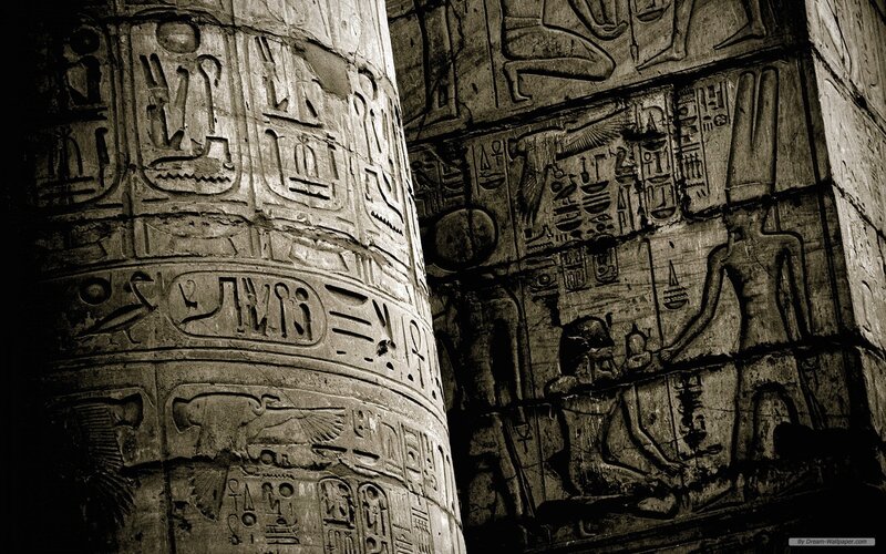 Egyptian Hieroglyphs on Stone — Black, Dramatic, Photograph