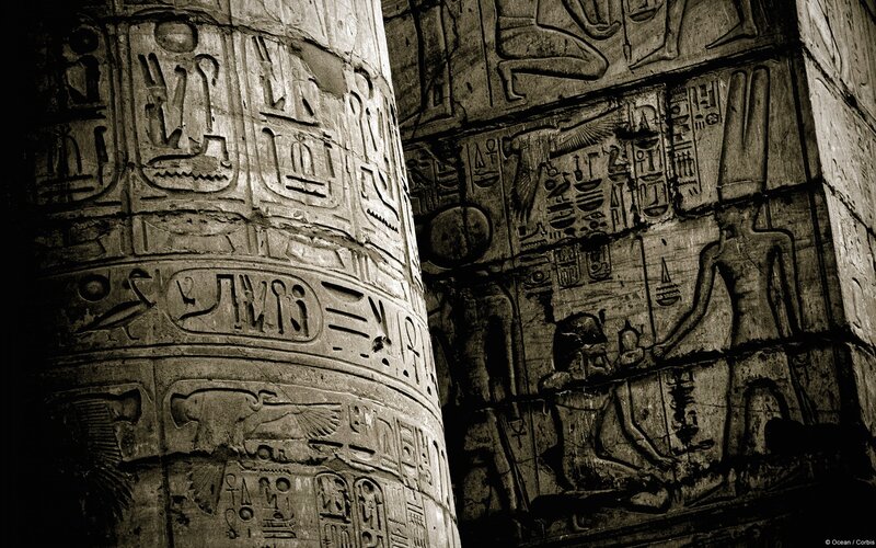 Egyptian Hieroglyphs on Stone — Black, Dramatic