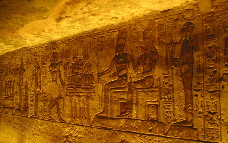 Egyptian hieroglyphs on temple wall