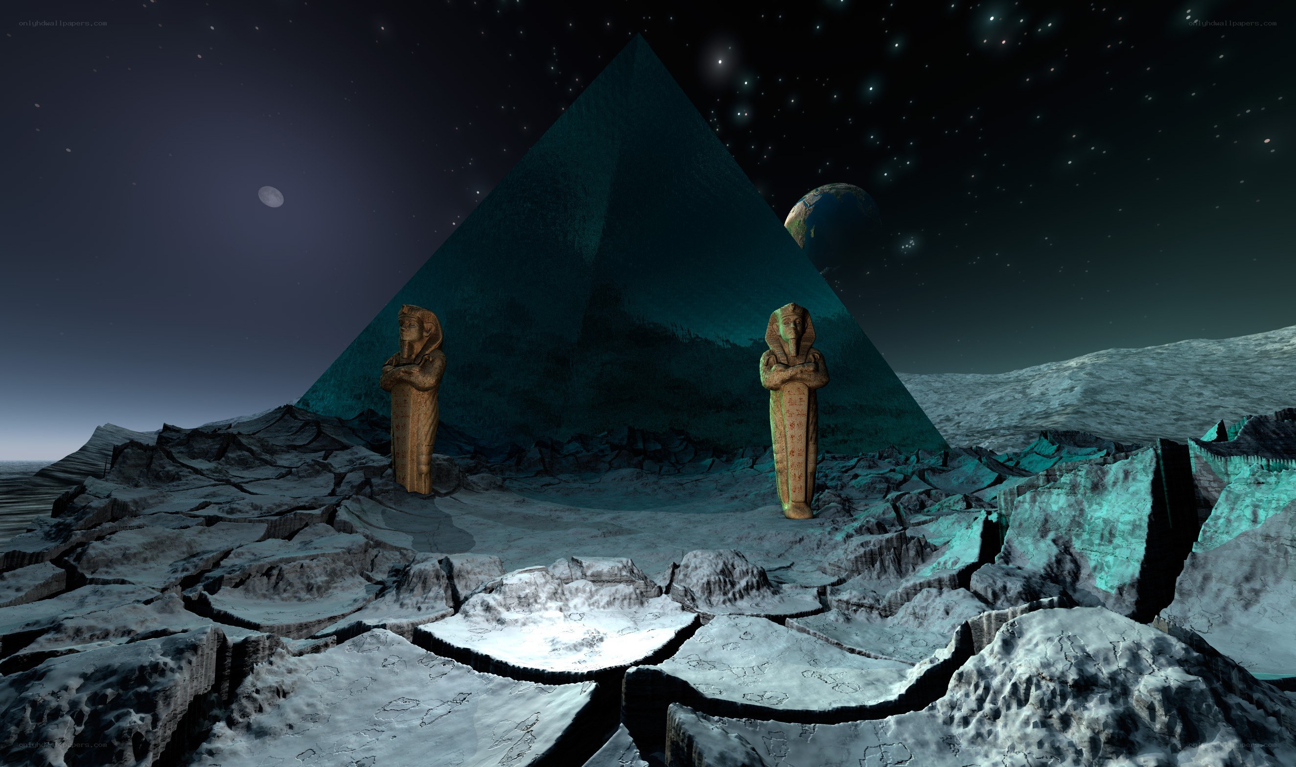 Egyptian statues on alien planet