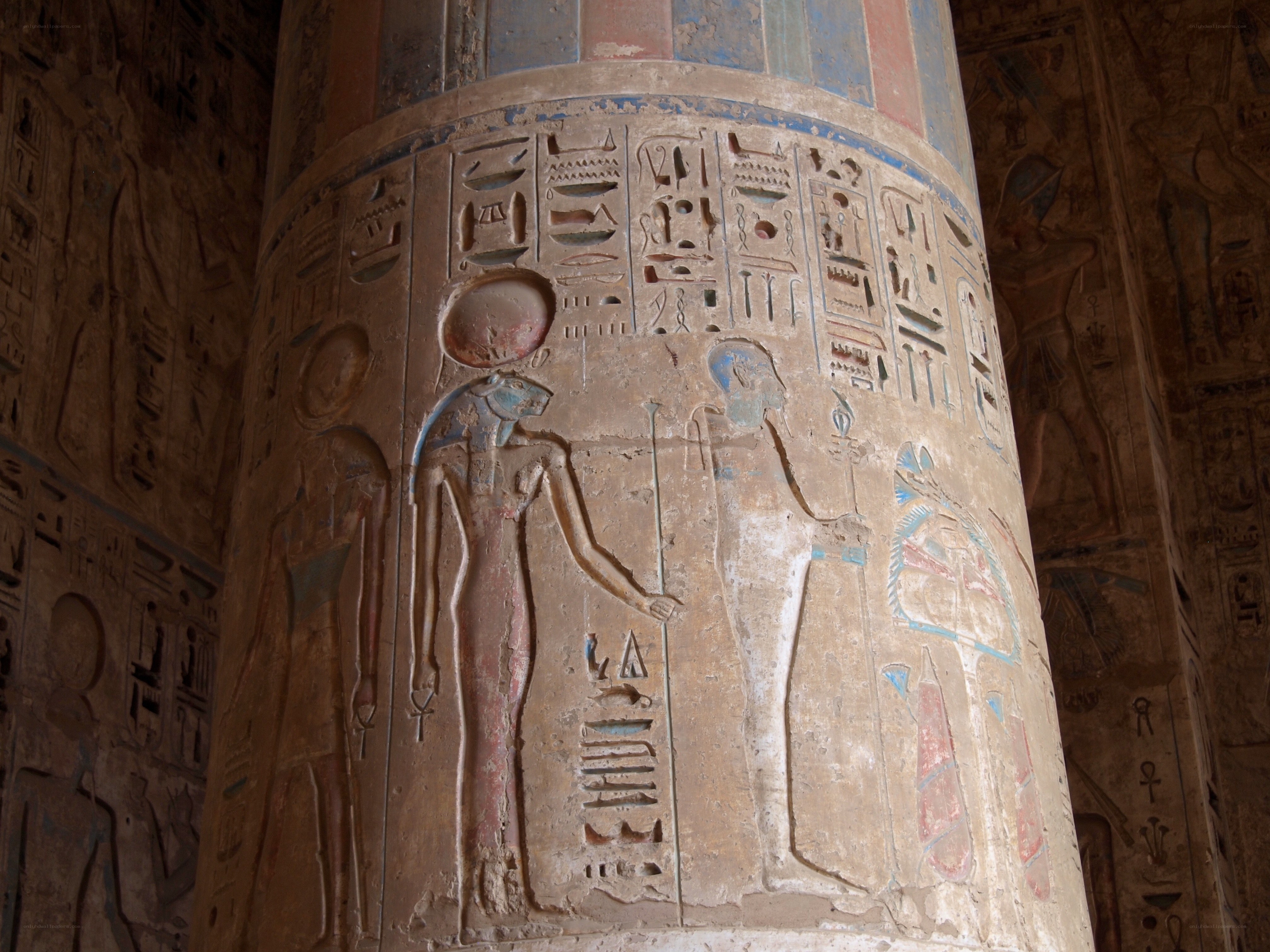 Egyptian temple column with hieroglyphs