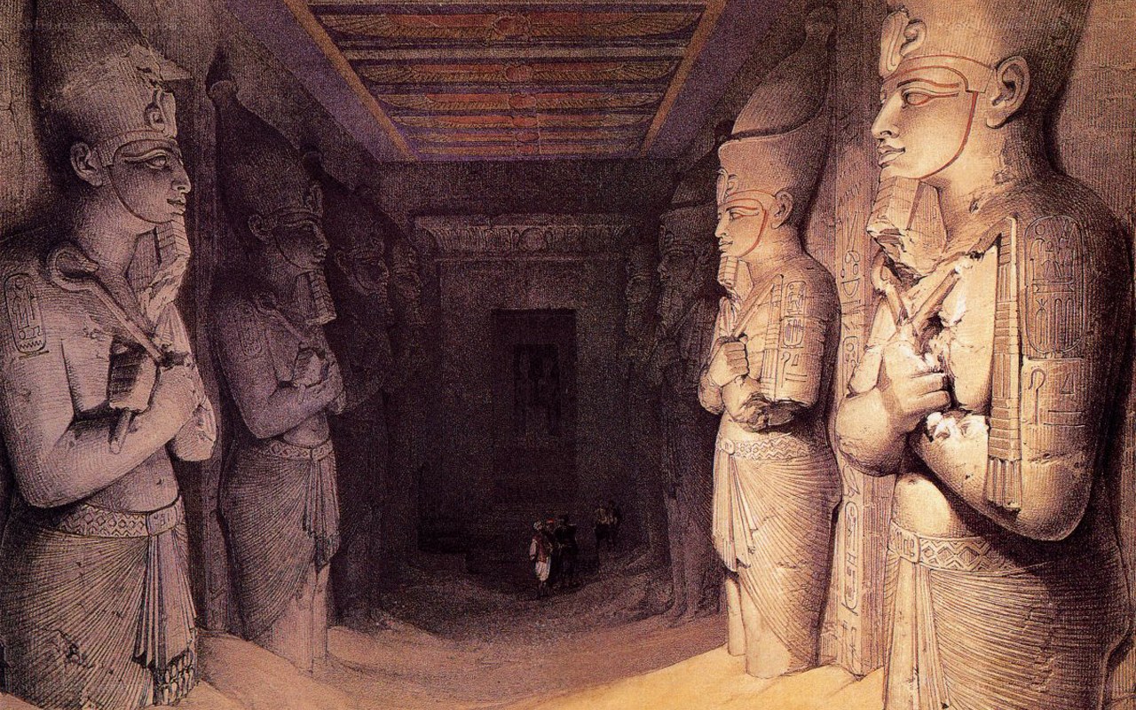 Egyptian temple interior with statues