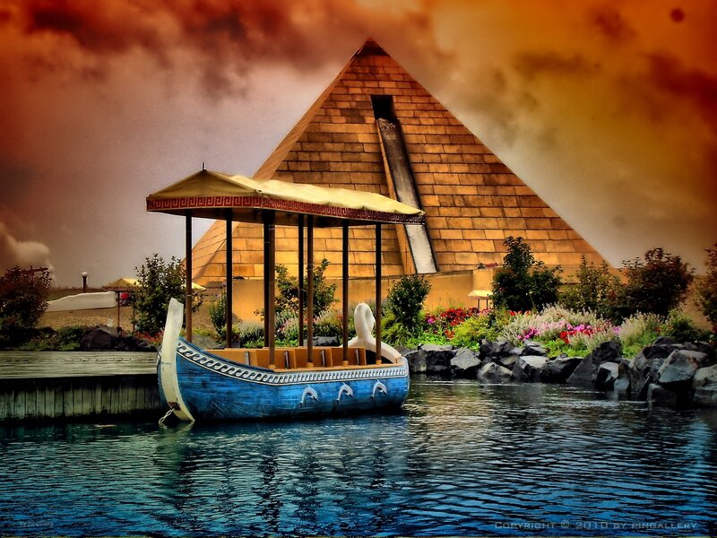 Egyptian-themed boat and pyramid