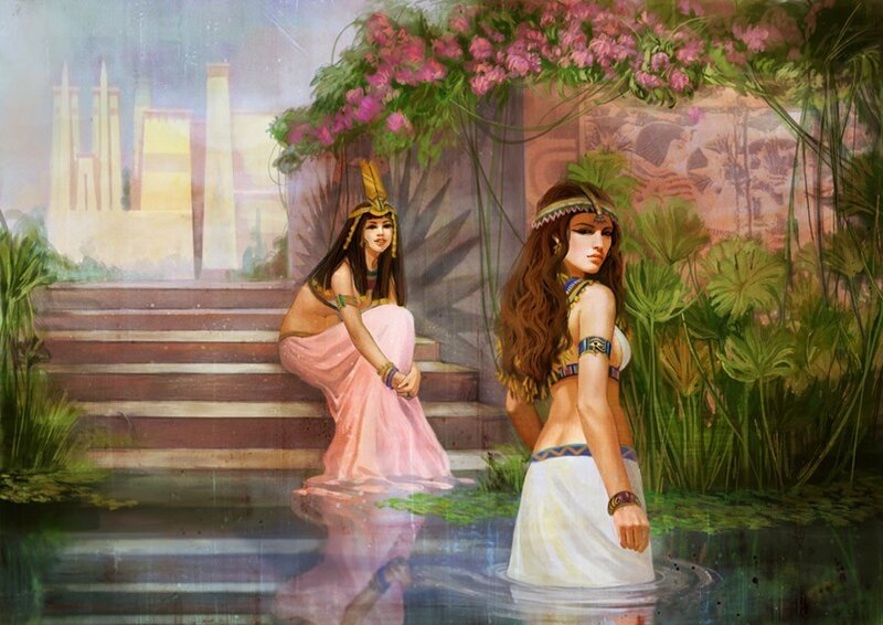 Egyptian women by a garden pool