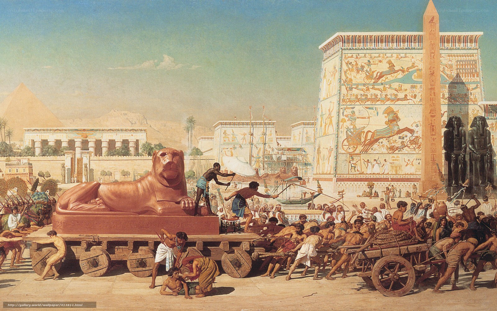 Egyptian workers moving a statue