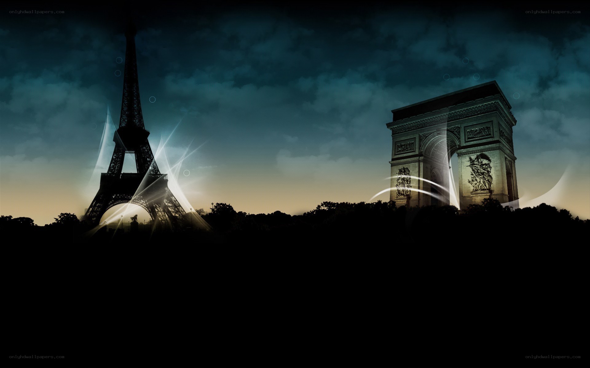 Eiffel Tower and Arc de Triomphe at night
